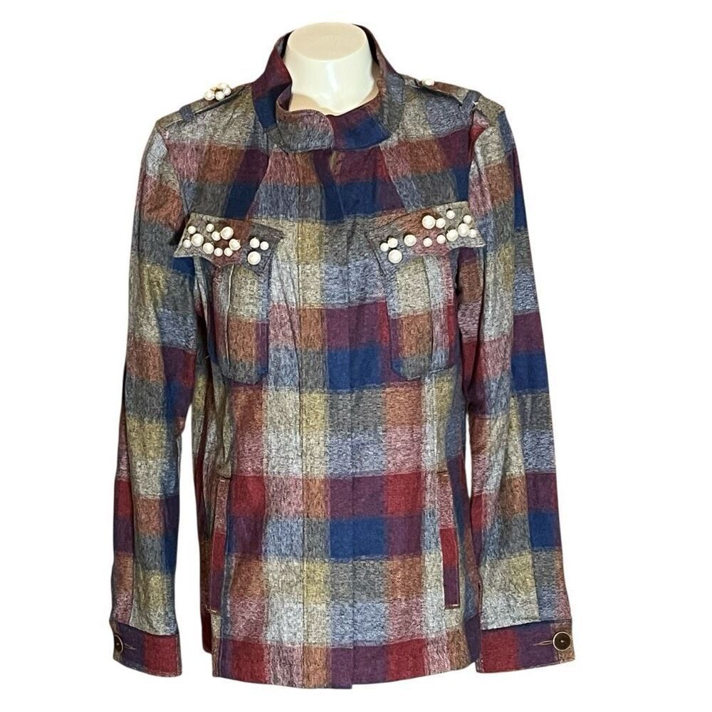 Cabi Plaid & Pearl Long Sleeve Full Zip Shacket‎ Shirt Sz M